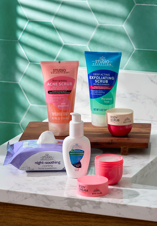Studio Selection — acne scrub, exfoliating scrub, cleansing wipes, lotion, body scrub and body cream