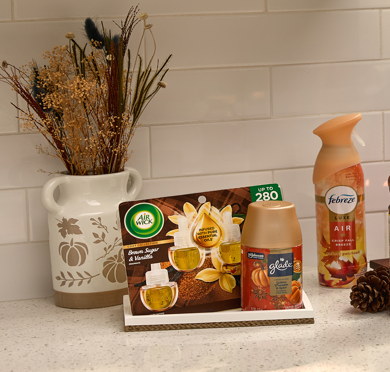 Air Wick Brown Sugar & Vanilla, Glade Golden Pumpkin & Spice, and Febreze Crisp Fall Breeze fragrances