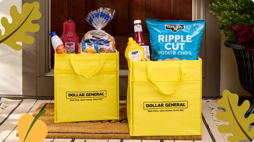 Clover Valley food and beverage products in Dollar General reusable shopping bags
