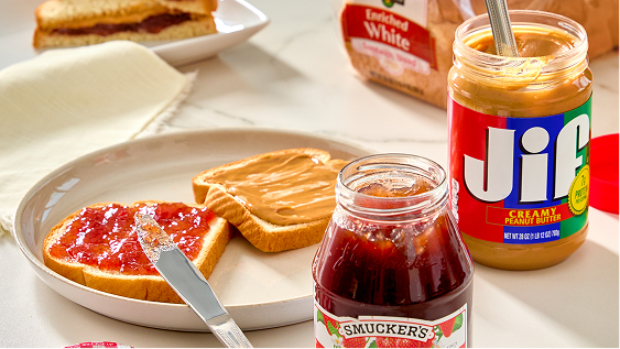Jif Creamy Peanut Butter, Smucker’s Strawberry Fruit Spread and Enriched White bread — peanut butter and jelly sandwiches