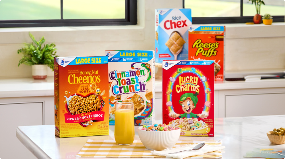 General Mills Large Size Cereals — Honey Nut Cheerios, Cinnamon Toast Crunch, Lucky Charms & Reese's Puffs