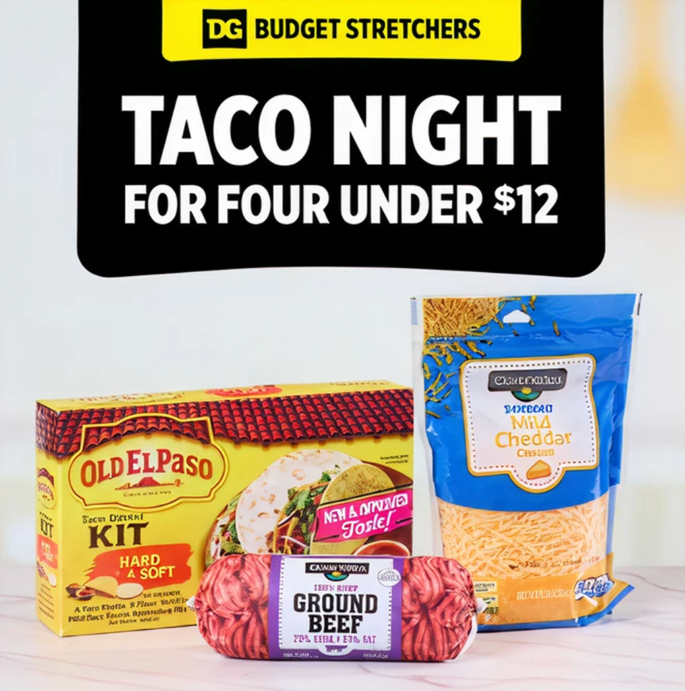 DG Budget Stretchers — Taco Night for Four Under $12 — Old El Paso taco kit, ground beef and cheddar cheese