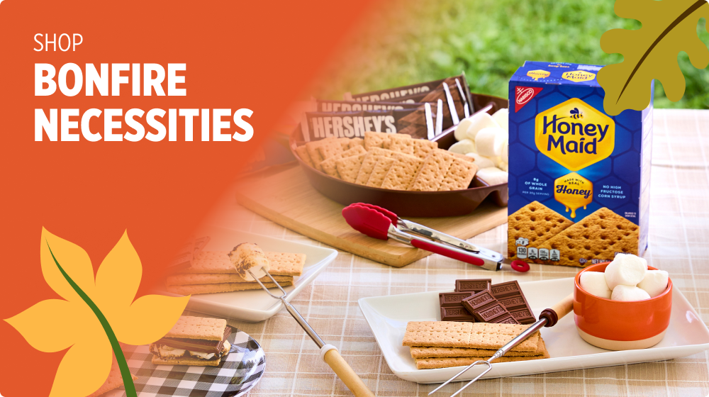 Shop Bonfire Necessities — Honey Maid graham crackers, Hershey’s chocolate and marshmallows for s’mores