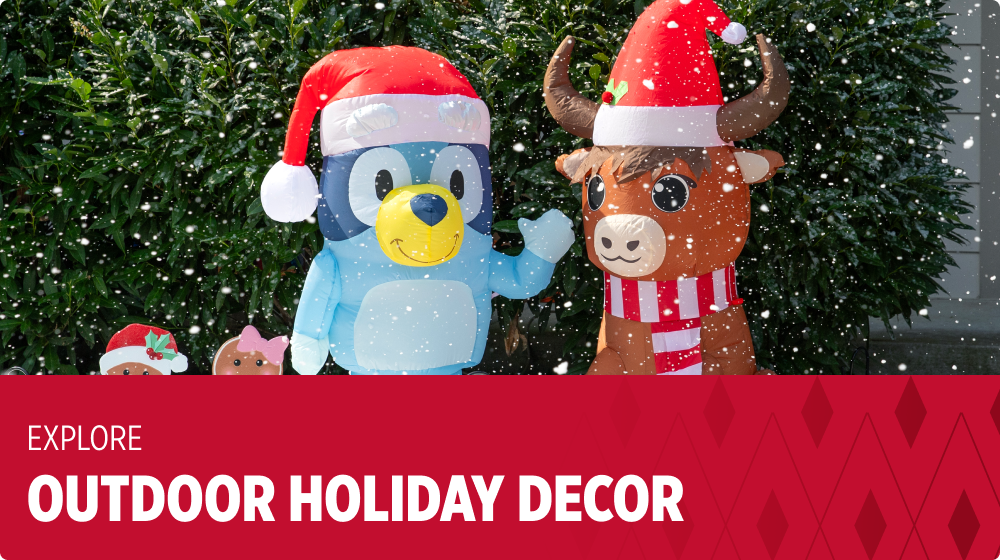 Explore Outdoor Holiday Decor — holiday inflatables featuring Bluey and a festive bull