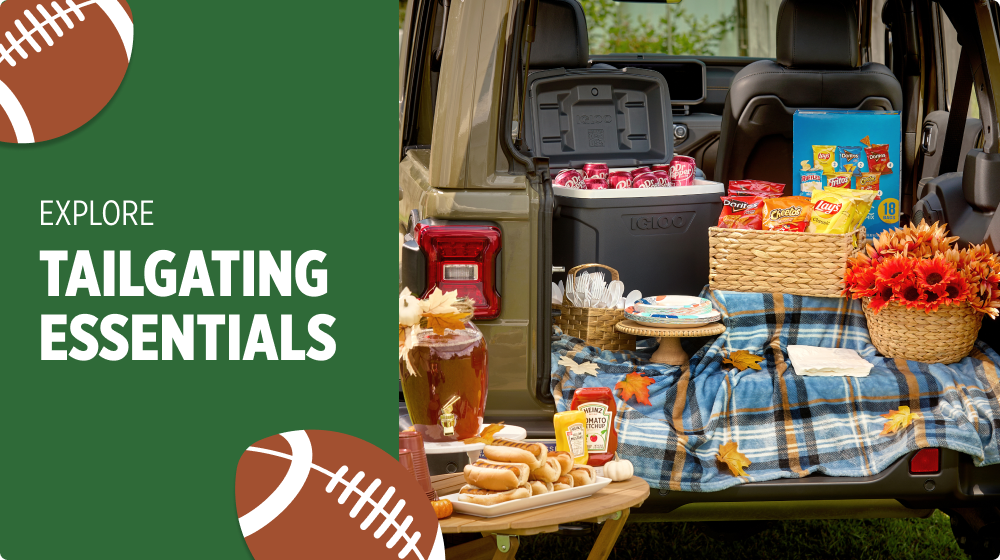 Explore Tailgating Essentials — cooler, snacks, drinks, tableware and outdoor game day supplies