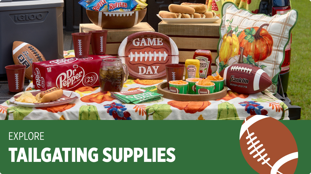 Explore Tailgating Supplies — game day tableware, snacks, drinks, cooler and outdoor party essentials