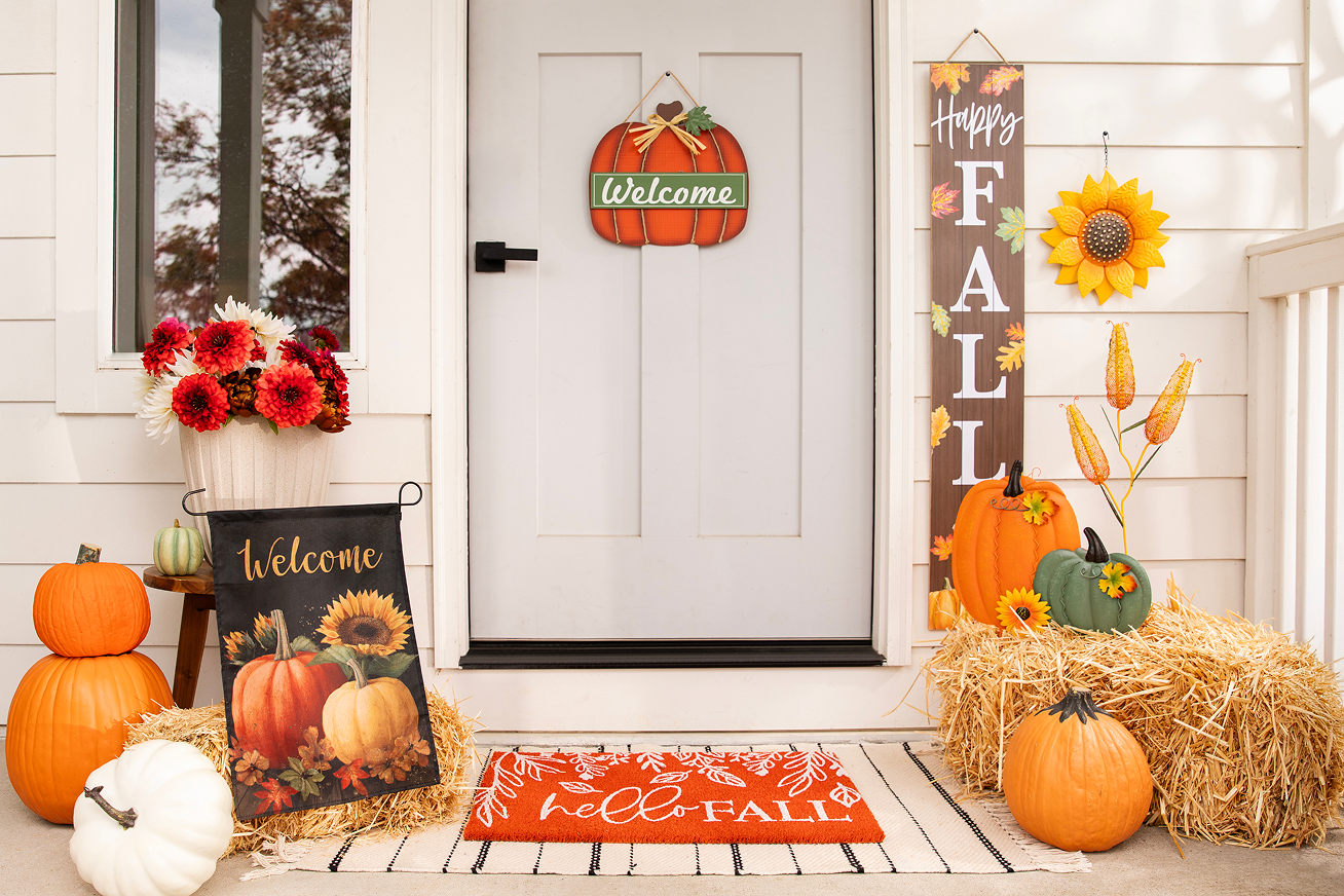 Welcome, Happy Fall, Hello Fall — seasonal fall porch decor and harvest decorations