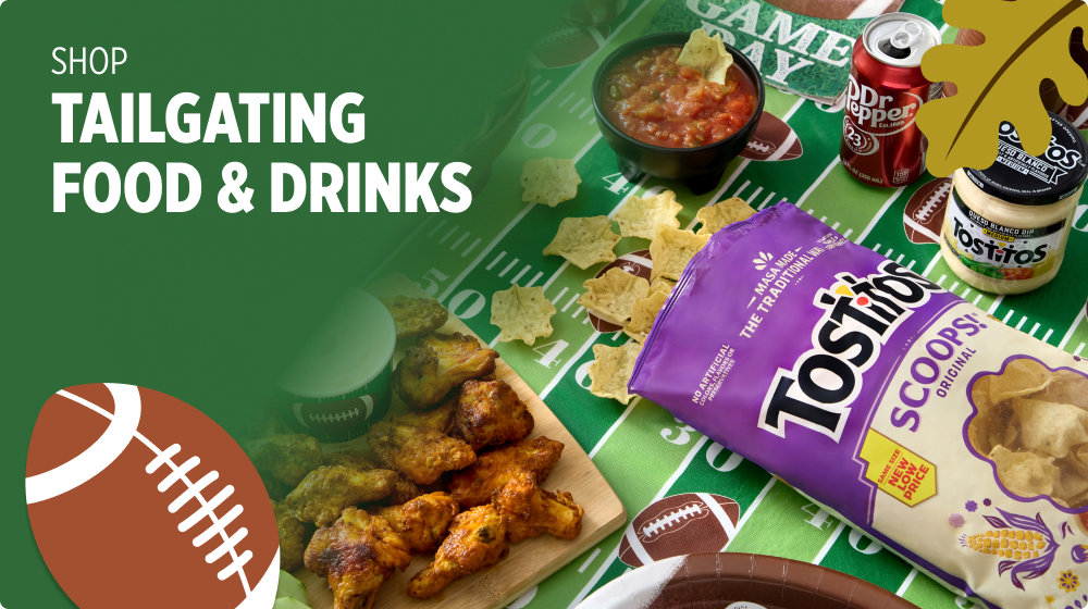 Shop Tailgating Food & Drinks — Tostitos Scoops, queso, Dr Pepper, salsa, tortilla chips and wings