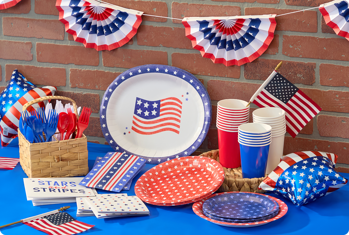 Stars and Stripes — patriotic plates, cups, napkins, utensils and decorations for summer gatherings