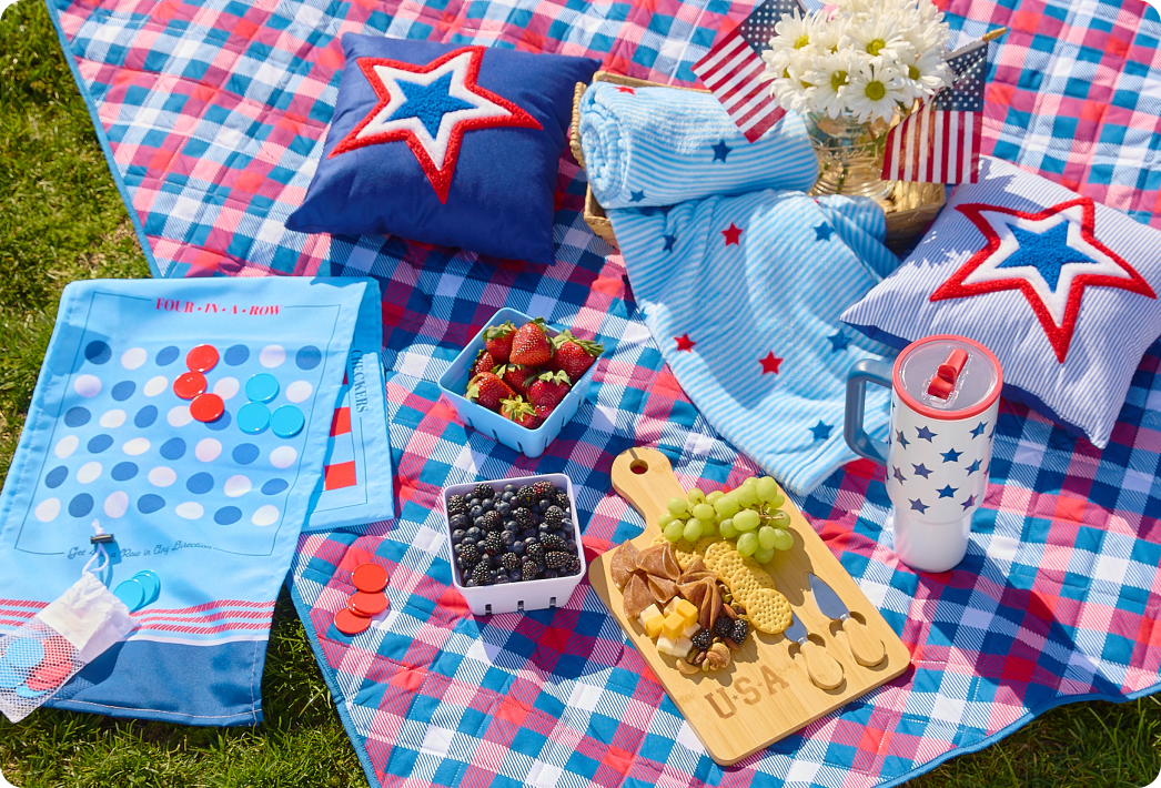 utdoor picnic setup with snacks, fruit, games, and patriotic-themed accessories