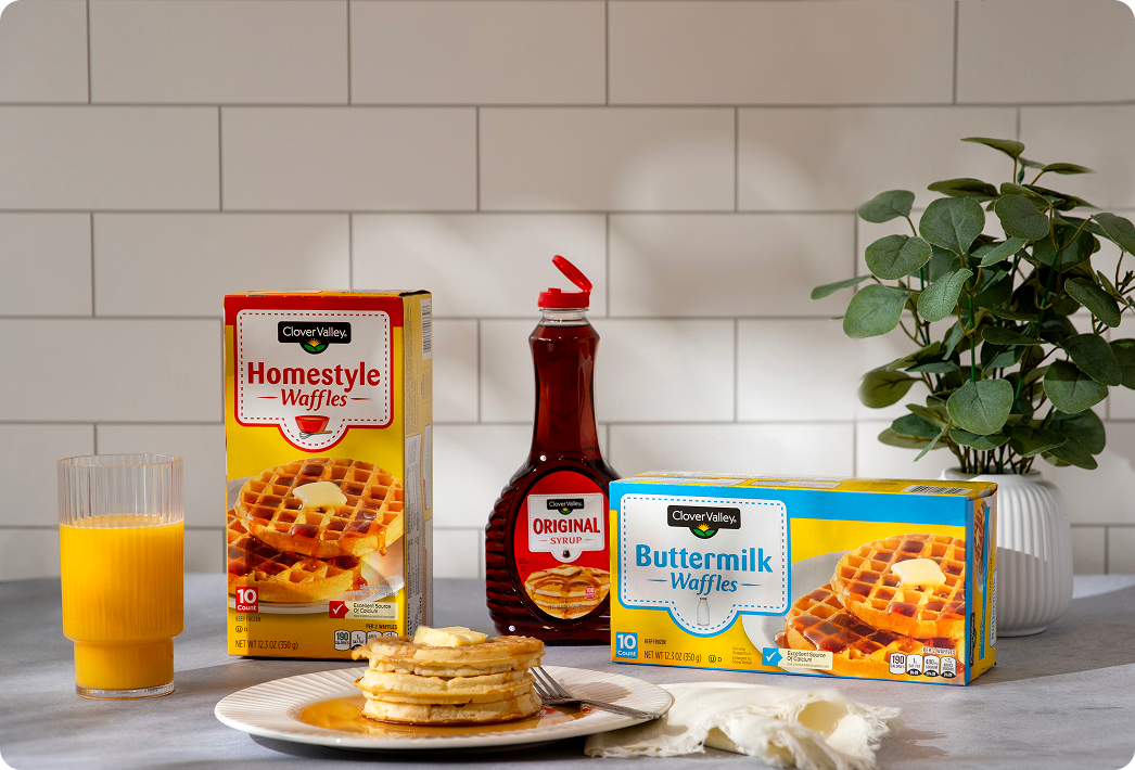 Clover Valley Homestyle and Buttermilk Waffles with Original Syrup for breakfast