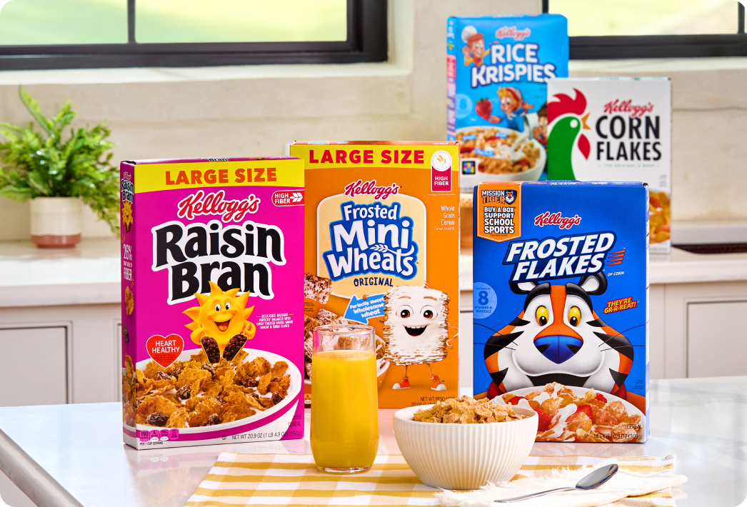 Kellogg's Cereals — Raisin Bran, Frosted Mini-Wheats, Frosted Flakes, Rice Krispies and Corn Flakes