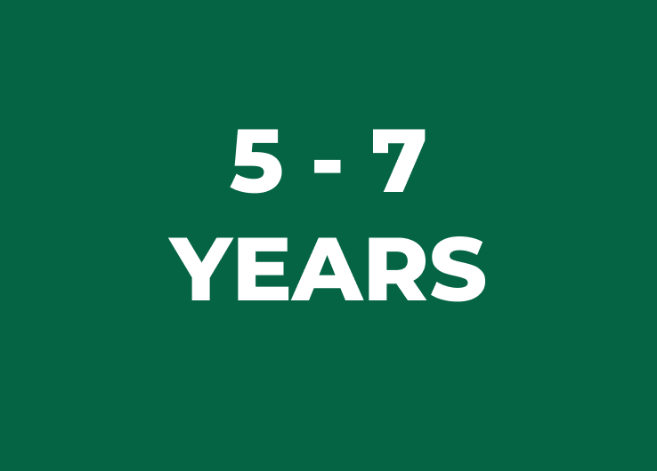 Green card with "5-7 YEARS" in white text
