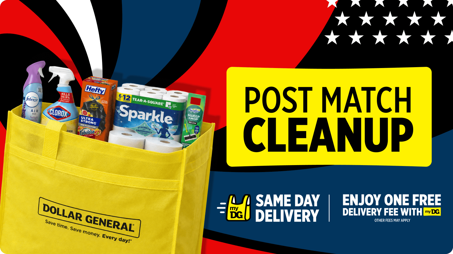 Dollar General game day cleaning bundle featuring paper towels, disinfectant sprays, and household supplies in yellow tote bag with patriotic design