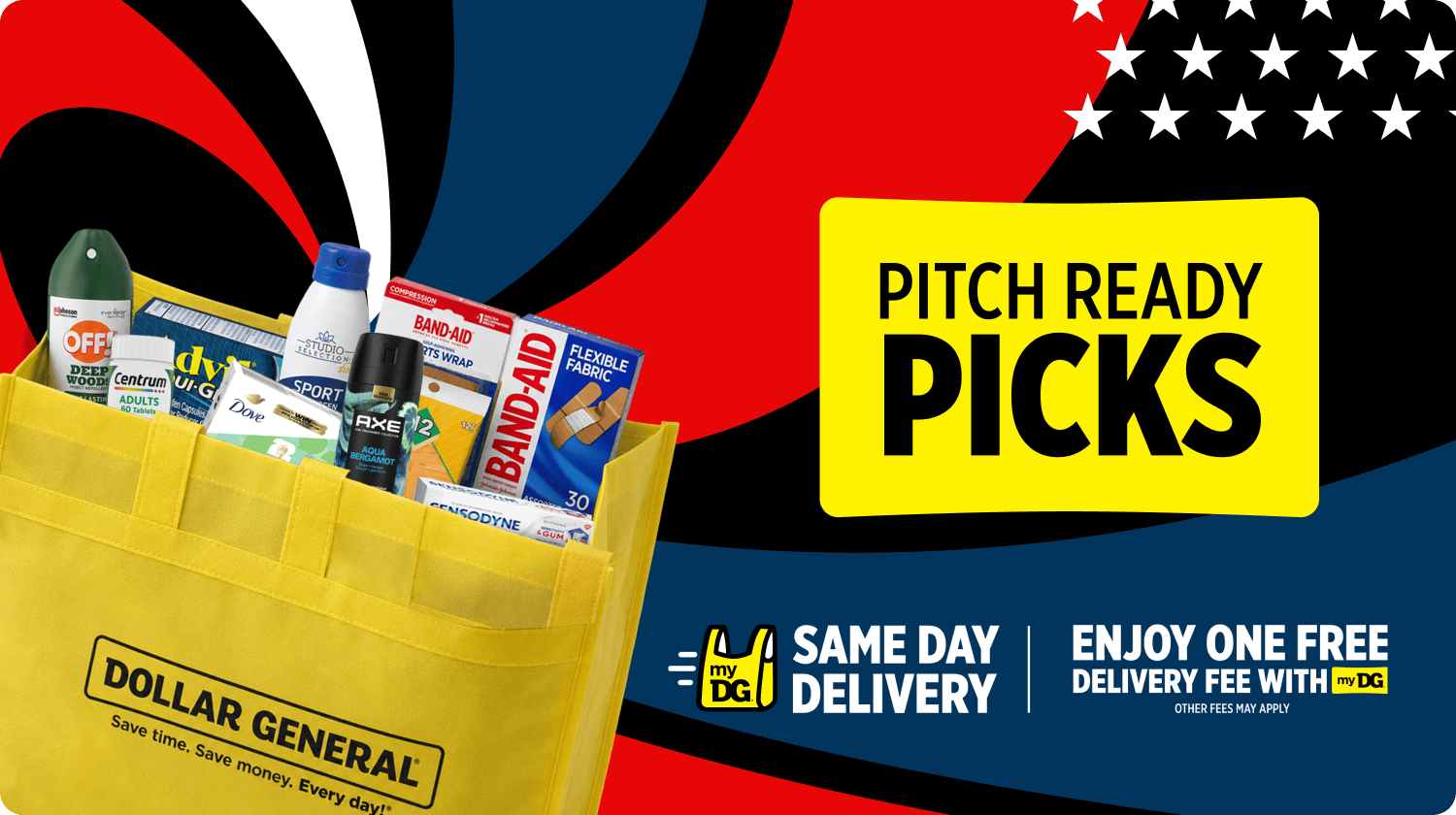 Dollar General game day essentials bundle with first aid supplies, sunscreen, insect repellent, pain relief, and bandages in branded yellow tote on patriotic background