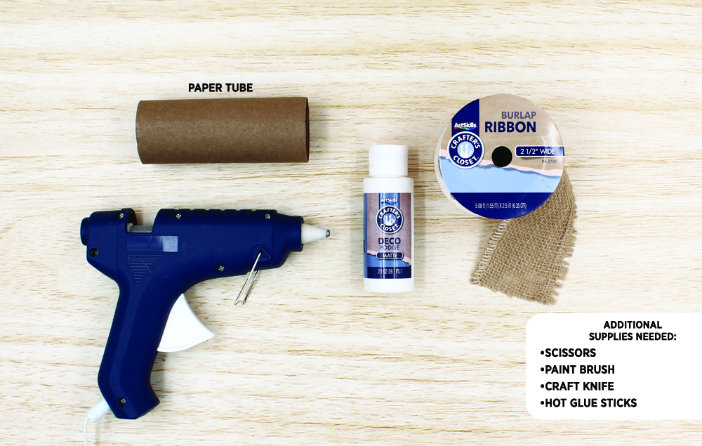Image of Glue Gun, Burlap Ribbon, Napkin and Toilet Paper Roll