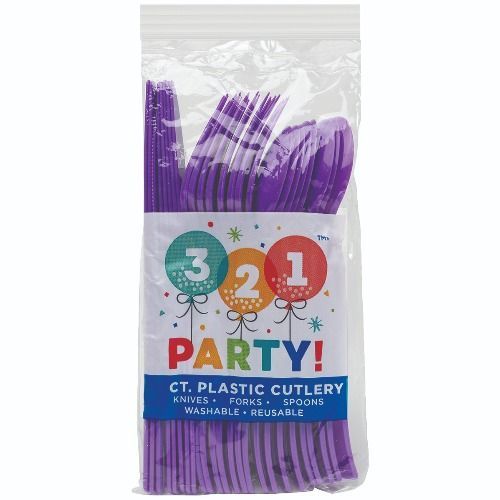 321! Party Plastic Cutlery - Neon Purple, 24 ct