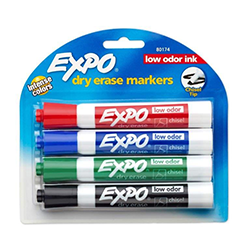 EXPO Low Odor Dry Erase Markers use a specially formulated, alcohol-based ink with virtually no odor. The markers feature vivid ink that is quick-drying and easy to see from a distance. These dry erase markers write on whiteboards, glass and most non-porous surfaces.
