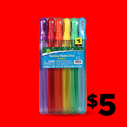 These Bubble Sticks are perfect for playing outside or inside and feature a specially shaped wand for bigger bubbles. Comes in a convenient 6-pack in all the colors of the rainbow! Perfect for parties or just for fun.