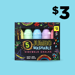 Jumbo Washable Sidewalk Chalks, 5 ct. Express yourself on your concrete canvas! Perfect for outdoor play in creating art & making games, this Jumbo Washable Sidewalk Chalk is safe, non-toxic & washable for kid-friendly use.