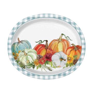 12.25" Oval Blue Gingham Harvest Thanksgiving Dinner Plates, 8ct