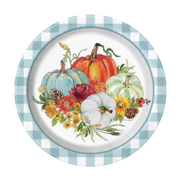 7" Blue Gingham Harvest Thanksgiving Party Plates, 8ct