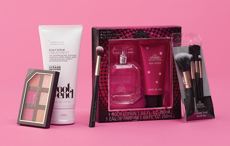 product group photo showcasing Believe Beauty fragrance gift set and other beauty items