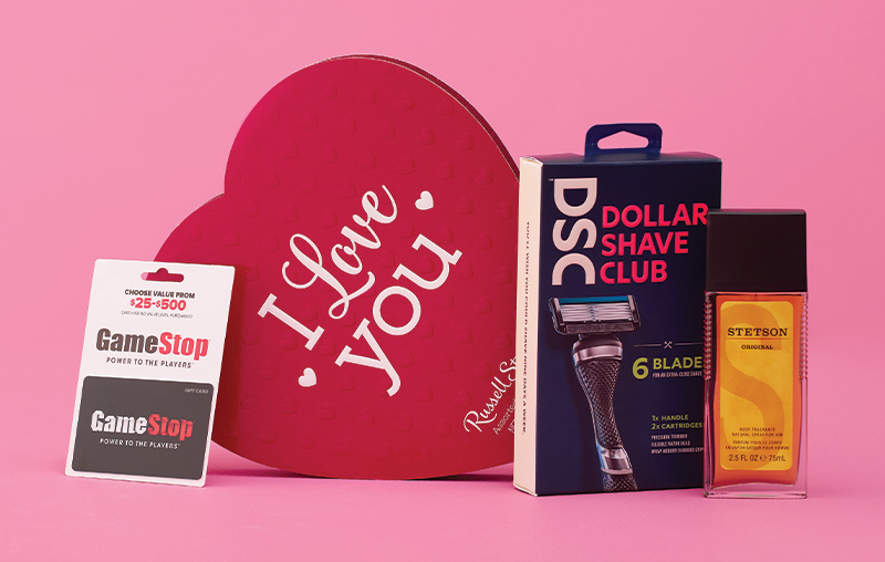 product group photo of valentines gifts for men including dollar shave club razors, chocolates and gamestop giftcard