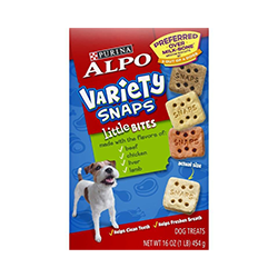 Cover all the flavor bases with Purina ALPO Variety Snaps Little Bites Beef, Chicken, Liver & Lamb Flavors adult dog treats. Watch your best pal come running with excitement when he hears you opening a box of Variety Snaps Little Bites. You love seeing your furry friend happy, and these treats keep your dog's tail wagging as he chomps down every last bite. You can also delight in knowing that the crunchy texture of these ALPO Little Bites helps keep his teeth clean while freshening his breath. Toss him a few Snaps as a tasty reward for being a good boy, or offer them as a treat between meals. When you see him go crazy for these delicious Little Bites treats featuring beef, chicken, liver and lamb flavors, you can understand why three out of four dogs prefer them over Milk-Bone medium biscuits. We bake these treats with pride in the USA, and they have no added artificial flavors or preservatives. Show your dog just how much you love him with Purina ALPO Variety Snaps Little Bites Beef, Chicken, Liver & Lamb Flavors adult dog treats.